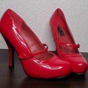 40s/50s Pinup Couture 8 Cutiepie Mary Jane Lipstick Red Platform Patent Pumps